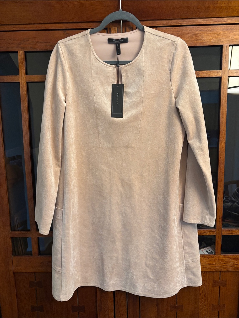 BCBG Faux Suede Bare Pink Long-Sleeve A-Line Dress with pockets